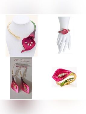BETSEY JOHNSON 4PC SET Magenta Calla Lily Necklace Bracelet Earrings Ring NWT